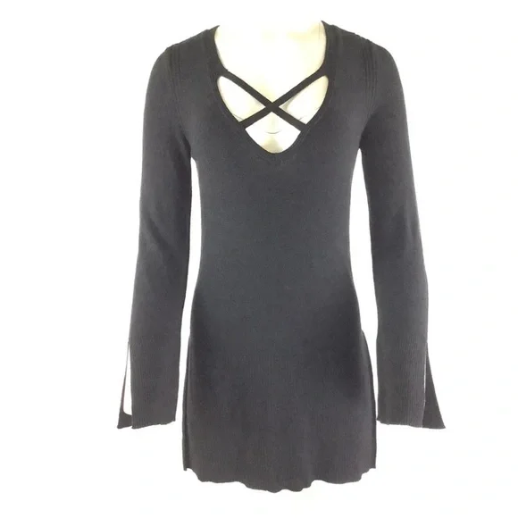 Free People Sz S Criss Cross  Neck Tunic Sweater Black Rayon Acrylic Pullover - Picture 3 of 7